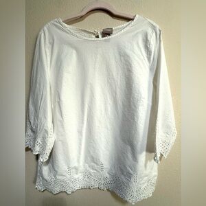 Chico's Pure White Sz 3 (16-18)Cotton Eyelet-Trim Tunic Blouse Casual Coastal